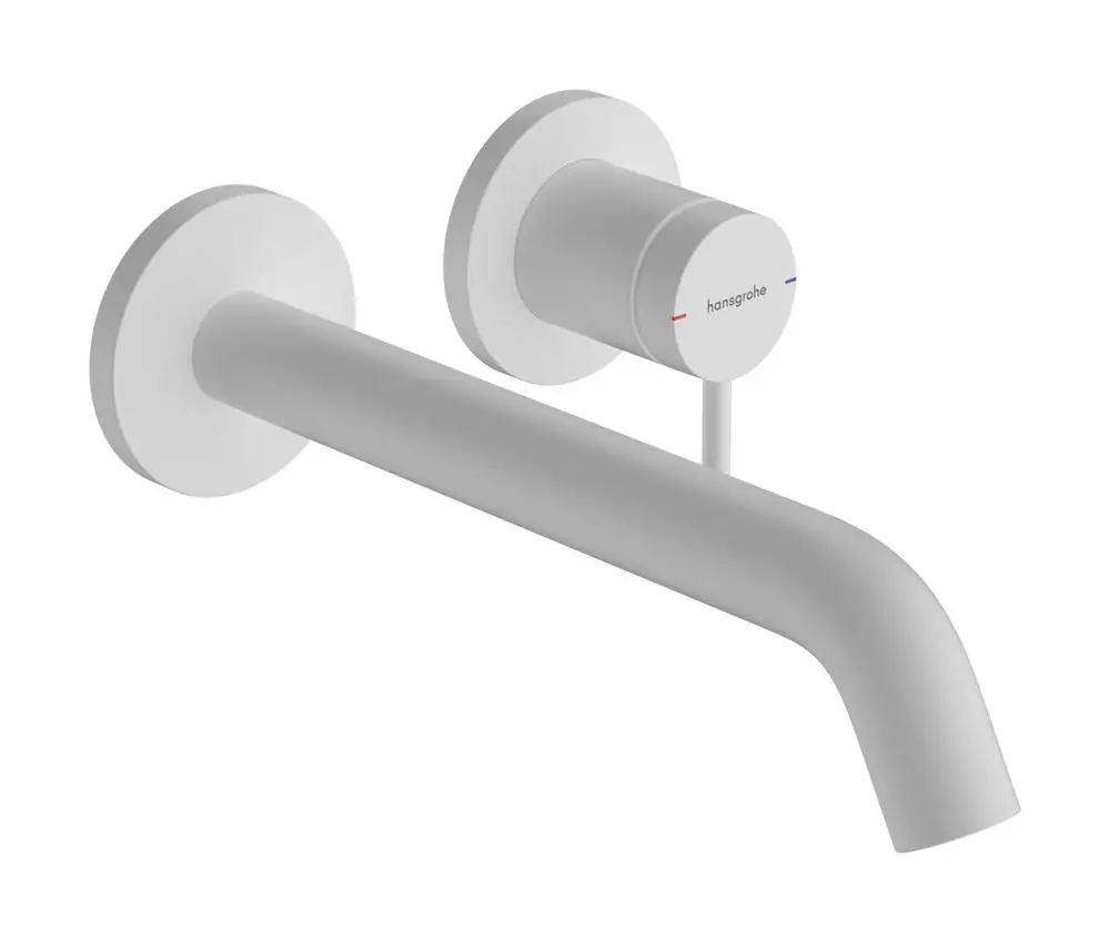 Weißer wandmontierter Einhebel-Waschtischmischer von Hansgrohe mit einem langen Auslauf. Montagesystem für Unterputzinstallation.